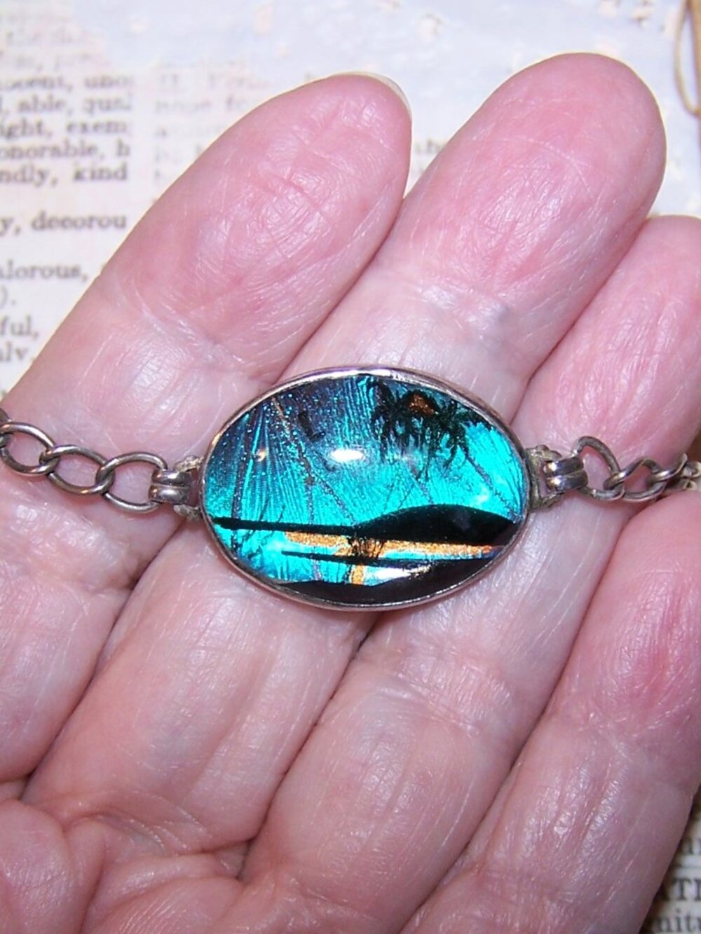 Art Deco Sterling Silver Butterfly Wing Bracelet - Tropical Beach Scene